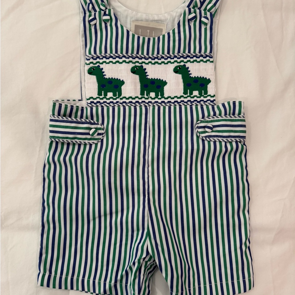 Lil Cactus Green and Blue Striped Overalls with Dino Smocking